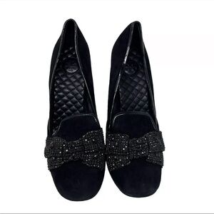 Tory Burch Carissa Embellished Bow Suede Leather Block Heels Size 8.5
